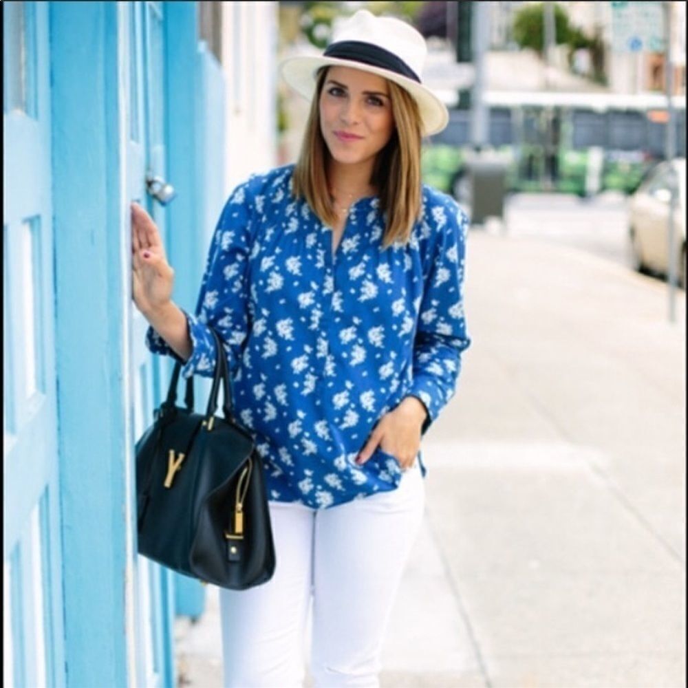 J Crew Indigo Blue Chambray Floral Popover Top